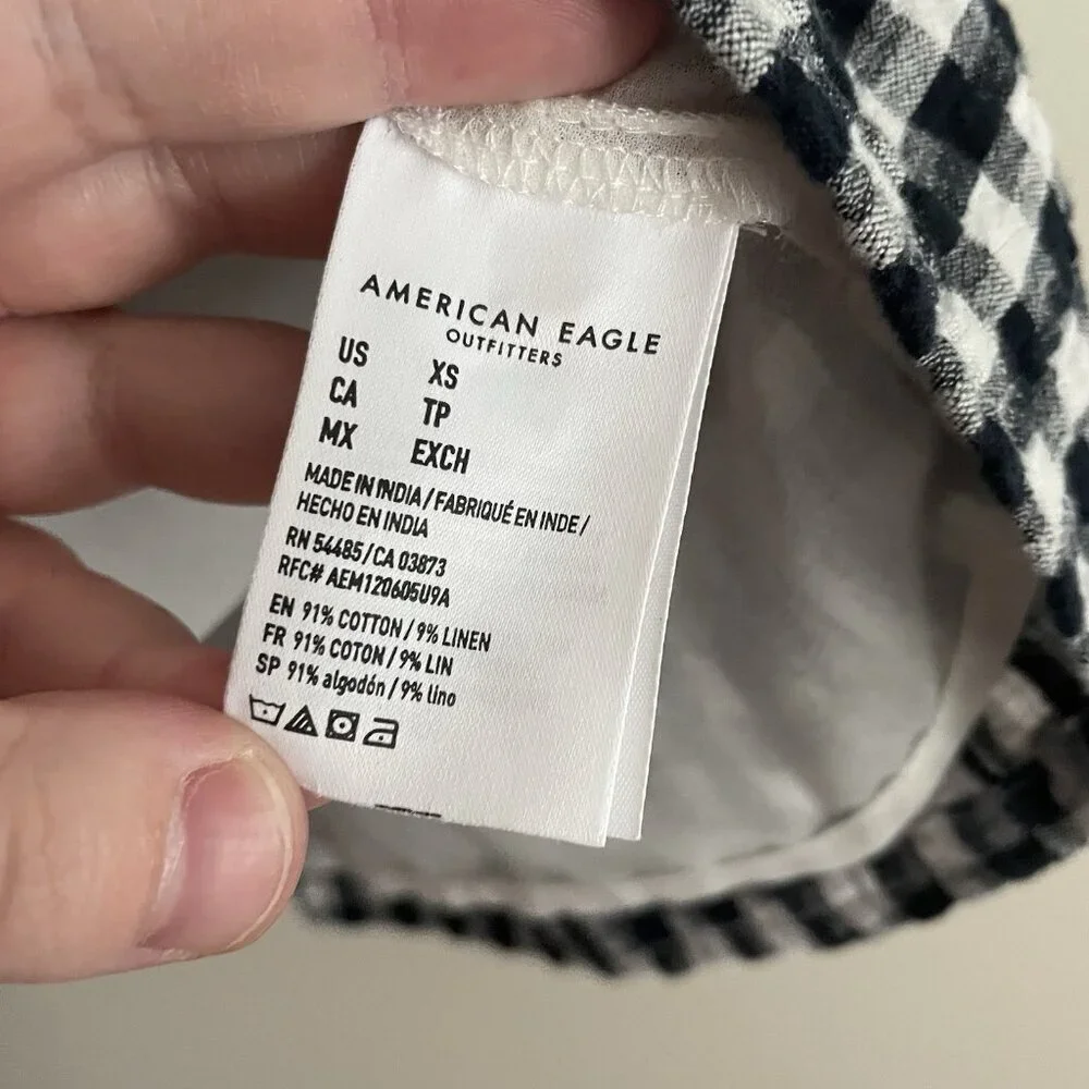 American Eagle Women XS Navy White Gingham Cotton Linen Preppy Casual Mini Skirt